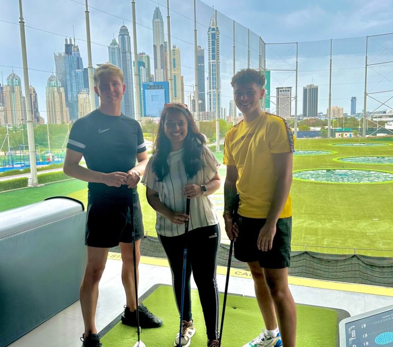Us with one of our best friends Sushma, at Top Golf Dubai.