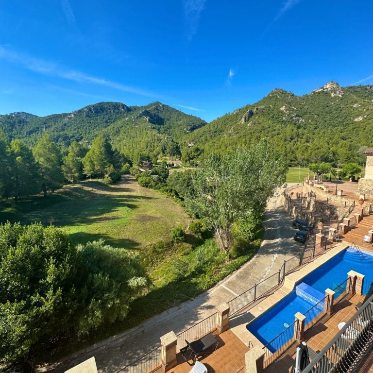 Room view showing pool and surrounding mountains